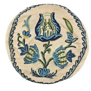 Vintage Handmade Crewel Embroidery Round Pillow Cover 12" Blue Thistle Design